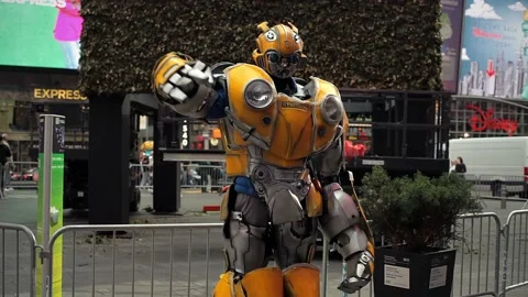 Times Square Transformer Bumblebee Posing for Pictures Stock Footage 191213105