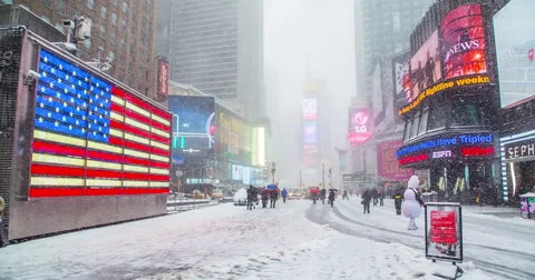 Times Square winter snow, 4K DCI Stock Footage