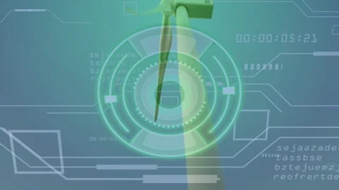 Timestamp advancing causing camera zoom, front wind turbine entering HUD, blades Stock Footage 332566114