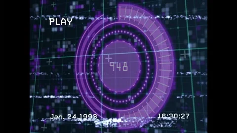 Timestamp incrementing every second, purple HUD spinning updating numbers with 스톡 동영상 330330802