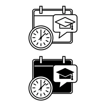 Timetable icons. Black and White Vector Icons. Calendar, Graduation Hat, an.. Stock Illustration