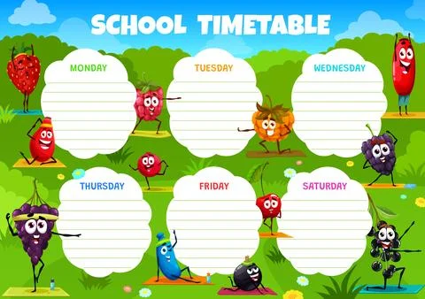 Timetable schedule with berry characters on yoga Ilustração Stock