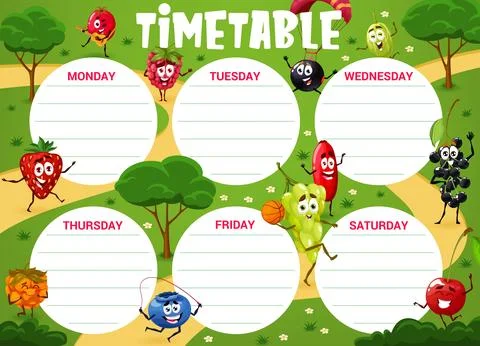 Timetable schedule with cartoon berry characters 스톡 일러스트