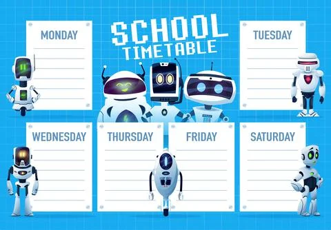 Timetable schedule with cartoon robots and droids Stock-Illustration