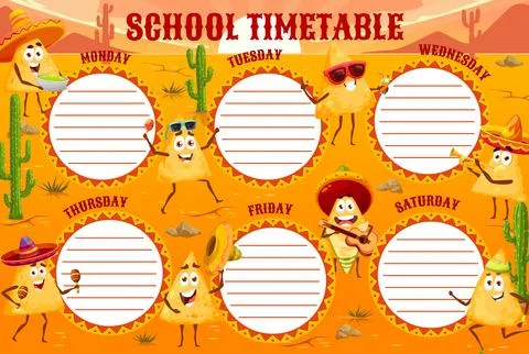Timetable schedule with nachos chips characters 스톡 일러스트