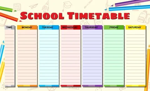 Timetable for school college weekly, hand drawn sketch icons of school supplies Illustrazione stock