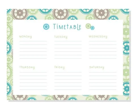 Timetable Steampunk gear wheel Class schedule, weekly calendar , schedule Illustrazione stock