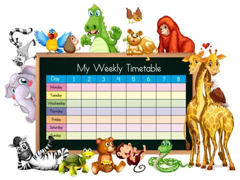 Timetable template with many animals Illustrazione stock