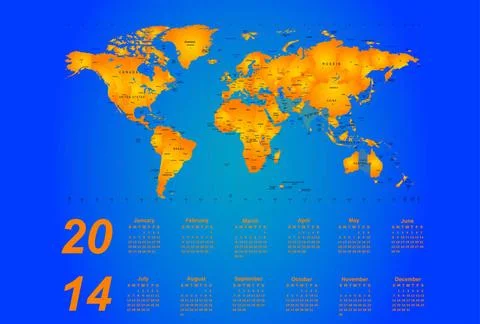 Timezone calendar 2014 Timezone map - vector color calendar 2014 Copyright... Stock Photos