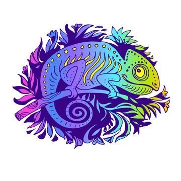 Timid Chameleon in Doodle Stylized in Gradient Rainbow colors Isolated on white Stock Illustration