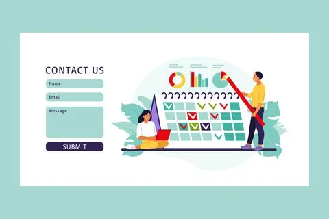 Timing and project scheduling. Contact us form. Concept of time management, w Stock Illustration