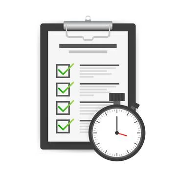 Timing concept with classic office clock and check list on clipboard. 스톡 일러스트