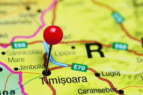 Timisoara pinned on a map of Romania Stock Photos