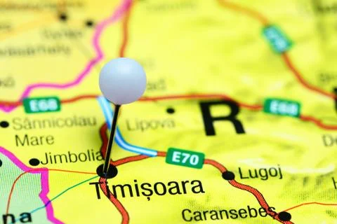 Timisoara pinned on a map of Romania Foto stock