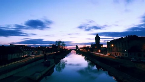 Timisoara Sunset, and Bega river, European city lights Stockbeeldmateriaal 146661461
