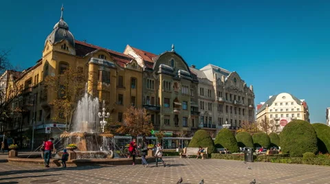 Timisoara. Victory square. The so-called Fountain with Fish is on the left side. Stock Footage 61773694