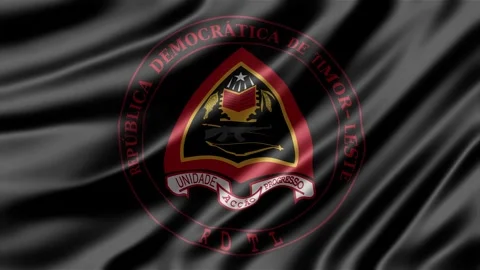 Timor Leste emblem printed on flowing black fabric waving gracefully Stockbeeldmateriaal 343642806