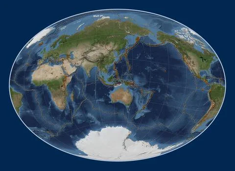 Timor tectonic plate. Satellite. Fahey Oblique. Volcanoes and boundaries Stock Illustration