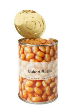 TIN OF BAKED BEANS ON WHITE BACKGROUND WITH OPEN LID Stock Photos