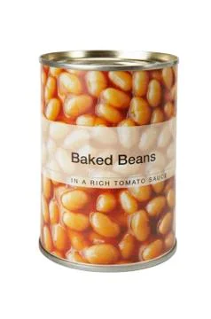 TIN OF BAKED BEANS ON WHITE BACKGROUND Stock Photos