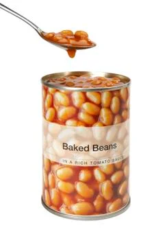 TIN OF BAKED BEANS ON WHITE BACKGROUND WITH OPEN LID AND SPOON FULL OF BEANS Stock Photos