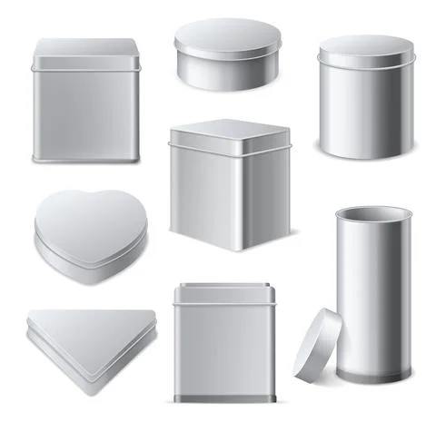 Tin boxes. Realistic 3d square, cylinder and round metallic containers with lid Illustrazione stock