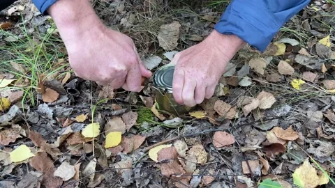 Tin can of corn while hiking in forest. Opening a metal can with corn. Stock Footage 221138119