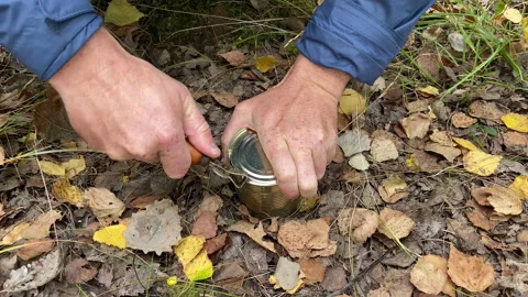 Tin can of corn while hiking in forest. Opening a metal can with corn. Stock Footage 221138715