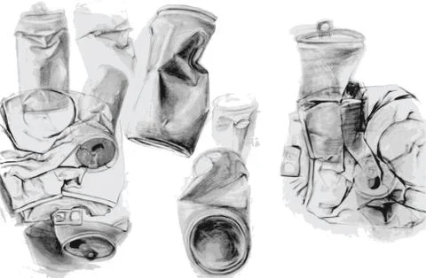 Tin can drawing. Objects are pressed. Consumerism garbage. Stock Illustration