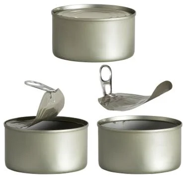 Tin Can, Opened and Closed Metal Tin Cans White Isolated Stock Photos