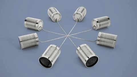 Tin can phones connected to each other. 3D illustration Stock Illustration