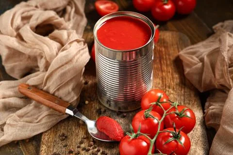 Tin can of tasty tomato paste with peppercorns and vegetables on wooden backg Stock Photos