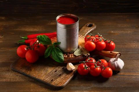 Tin can of tasty tomato paste and different ingredients on wooden background, Stock Photos
