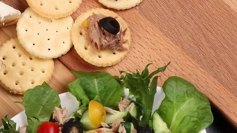Tin can tuna fish meat chunk flake product recipes salad spread topping tap.. Stock Footage 238804652