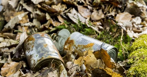 Tin can waste on forest floor closeup 스톡 동영상 105415215
