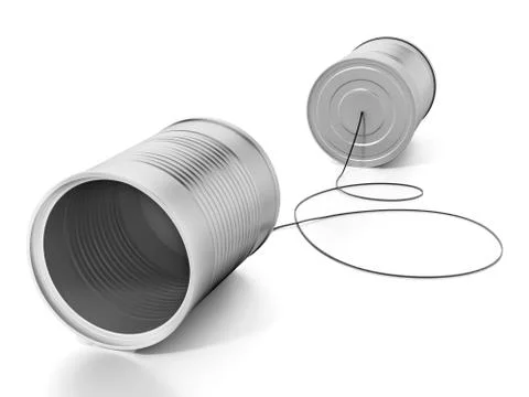 Tin cans connected to each other with a rope. 3D illustration Stock Illustration