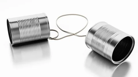 Tin cans connected to each other with a rope. 3D illustration Stock Illustration