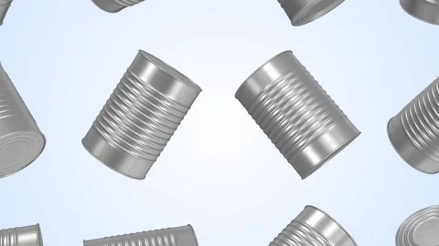 Tin Cans Falling on a Light Blue Background. Stainless Steel Tin Cans 3D. 4K Stock Footage 307778684