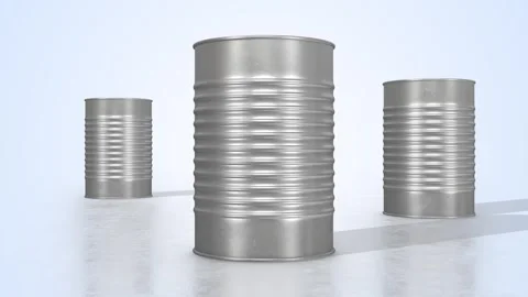 Tin Cans on a Light Reflective Floor. Stainless Steel Tin Cans 3D Animation. 4K Stock Footage 307778679