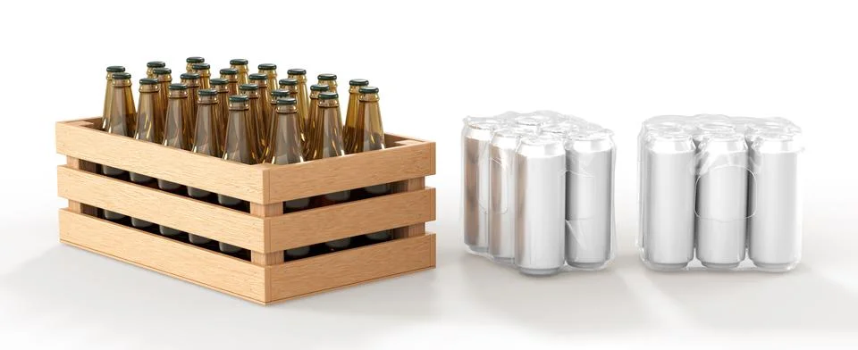 Tin cans in plastic wrap and wooden box full glass bottles beer, front and angle Ilustración de archivo