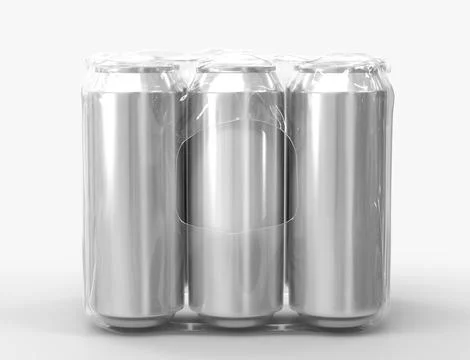 Tin cans in plastic wrap for beer or soda front view. Realistic mockup of metal Stock Illustration