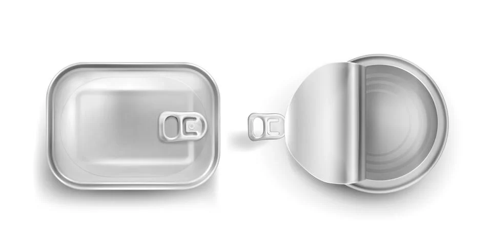 Tin cans with pull ring mockup top view, preserves Illustrazione stock