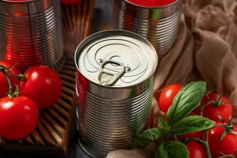 Tin cans of tasty tomato paste with basil leaves and vegetables on dark backg Stock Photos