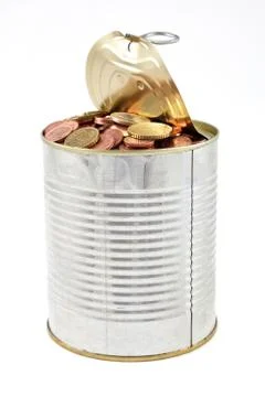 Tin with coins Stock Photos