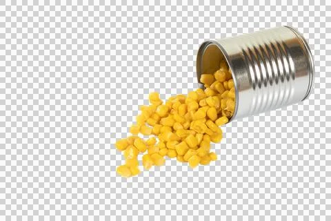 A tin of corn spilled on a transparent background Photos