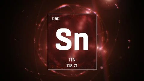 Tin as Element 50 of the Periodic Table 3D illustration on red background Stock Illustration