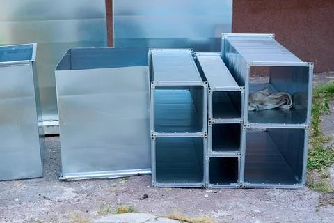 Tin metal rectangular air pipes for ventilation,ready for installation Stock Photos