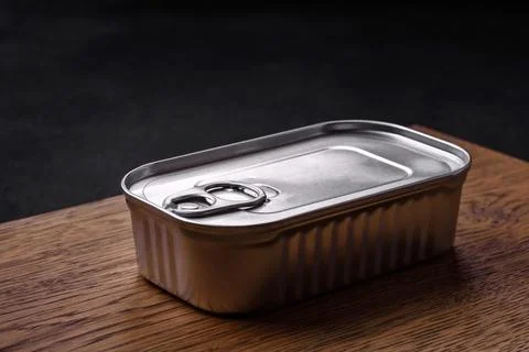 Tin or aluminum rectangular can of canned food with a key on a dark concrete  Foto stock