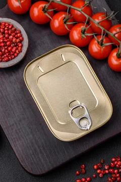 Tin or aluminum rectangular can of canned food with a key Stock Photos