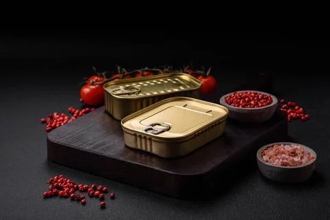 Tin or aluminum rectangular can of canned food with a key Stockfoto's